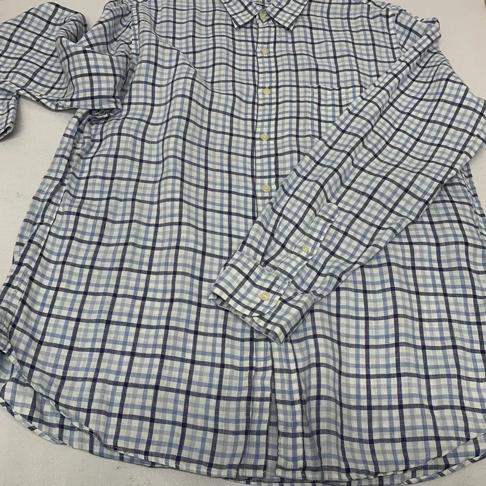 J Crew  Plaid Blue Irish Linen Button Up  Shirt Men  XL  Long Sleeve Travel Work